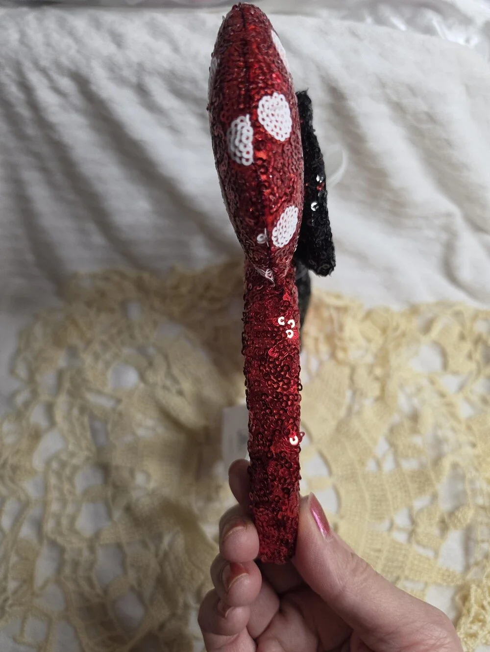 Disney Red Sequin White Dots Minnie Ears Headband with Black Bow New